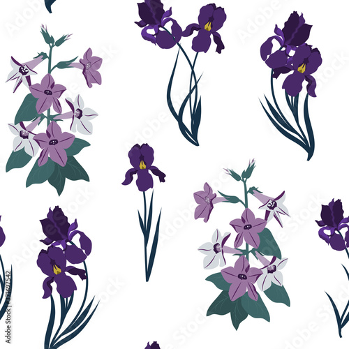 Seamless vector illustration with campanula and iris