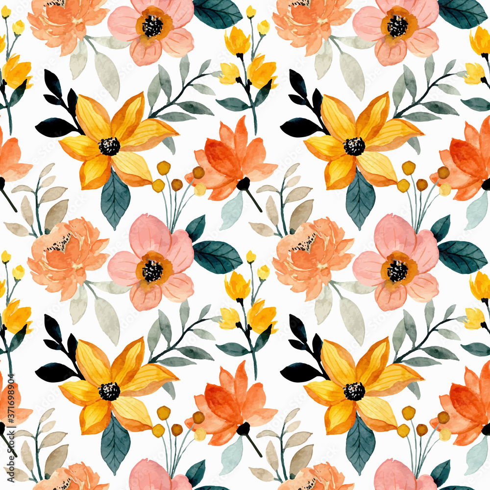 Watercolor yellow brown floral seamless pattern