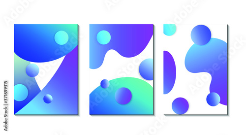 Abstract trendy cover set with wavy gradients  patterns, floating 3d spheres poster mockup