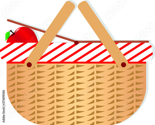 Woven picnic basket with a red apple on white background.
