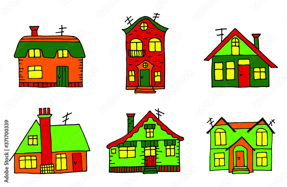 Set of four hand drawn cartoon country-style village houses. Children's sketch illustration with different colorful stylized fantasy buildings. Childish vintage outline vector icons illustration