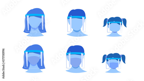 Medical face shield for protection from Coronavirus or COVID-19 infection. A man, woman and girl wear face shield and face mask. Vector illustration. flat design