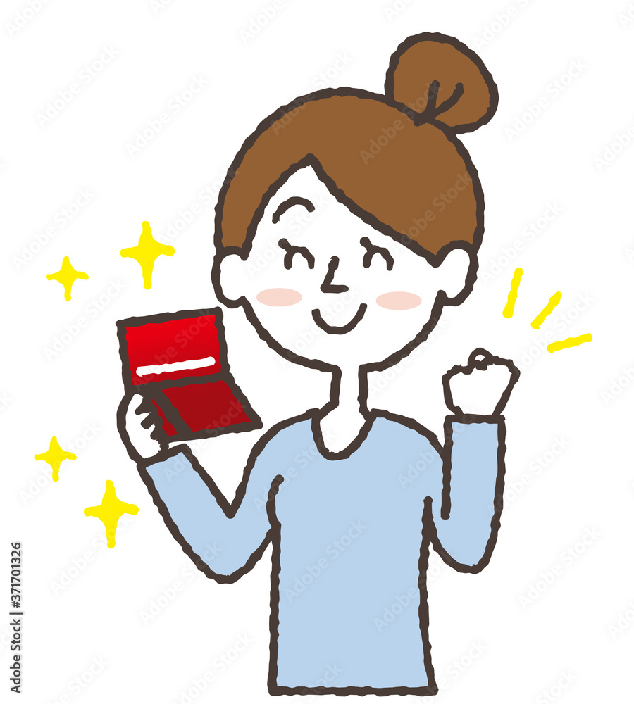銀行残高を確認してガッツポーズをする女性のイラスト 銀行残高を確認してガッツポーズをする女性のイラスト