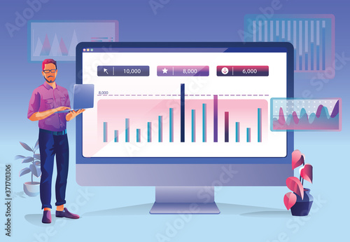 Concept of Business analytics, search engine optimization. The team of merchants analyzes sales, visitors, increases efficiency. A businessman with a laptop. Marketing analytics, vector illustration
