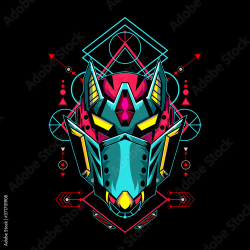 Mecha mask with sacred geometry pattern for esport gaming logo or mascot, cyber punk mask photo