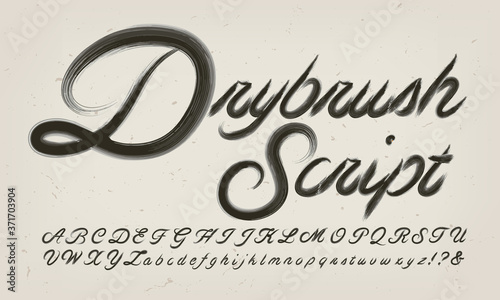 Drybrush Script Calligraphic Alphabet. A Cursive Font with the Effect of a Lightly Loaded Black Ink Brush