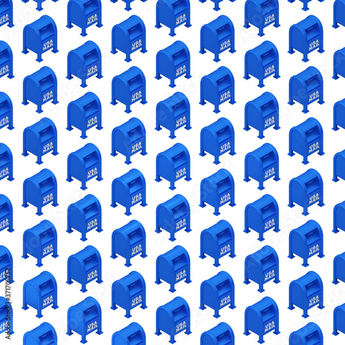 Pattern Background of a Blue Color United States of America Generic Mail Box for Mail-in Ballot Collection Drop Box on Isolated White Background. 3D Illustration
