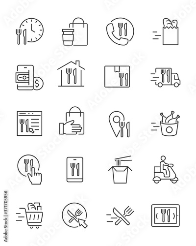 set of food delivery line icons, restaurant, food truck