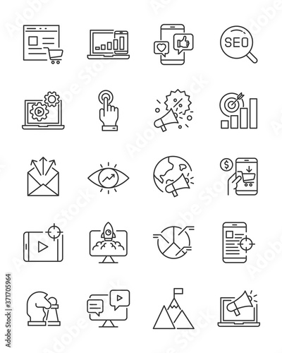 set of online marketing line icons, ads, seo, online shopping,