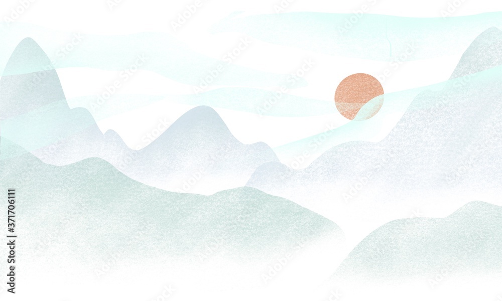 Digital paint of mountain view in the morning. East Asian style illustration. Design for travel advertising, banners, flyers, cards, postcards.