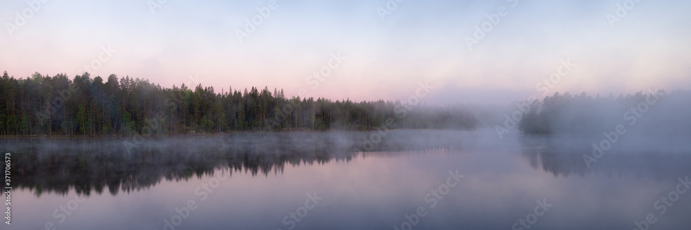 forest lake with morning fog forest lake with morning fog