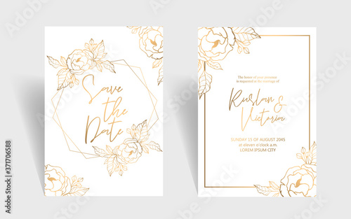 Wedding invitation template with golden peonies and leaves
