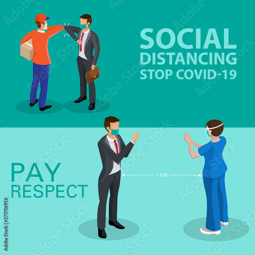 Isometric social distancing concept for preventing coronavirus covid-19 with people Pay respect,vector illustration.