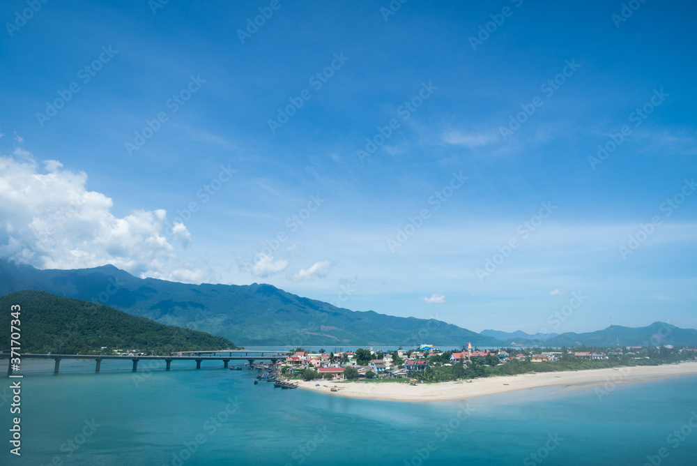 Resort town outside of Danang, central Vietnam with blue sky