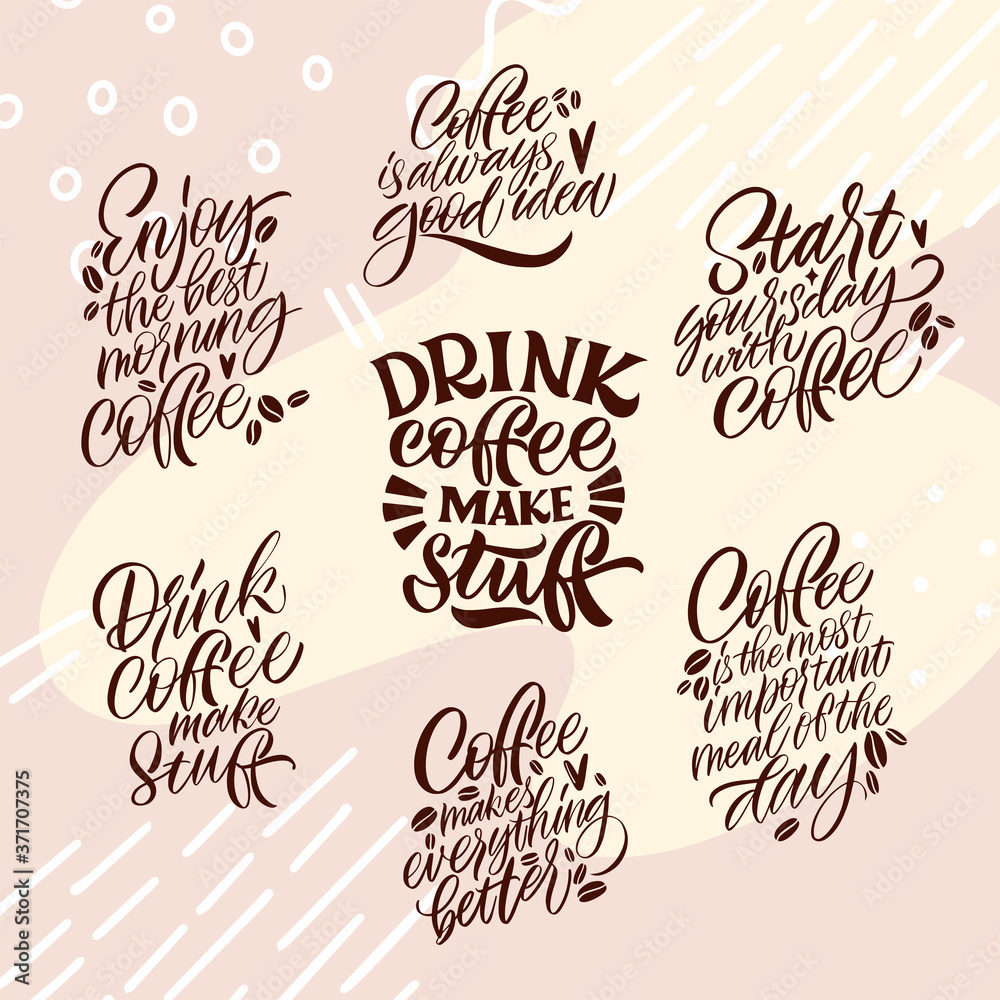 Collection of hand drawn lettering about quarantine coffee. Calligraphy style quote. Graphic design lifestyle lettering. Handwritten lettering design elements for cafe decoration and shop advertising.