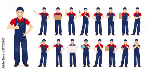 Handsome man in blue overalls standing in different poses set isolated vector illustration