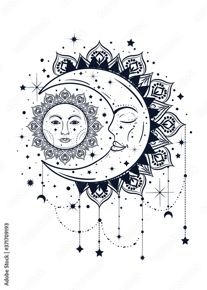 Vintage boho illustration of sun and moon. Dreamcatcher concept