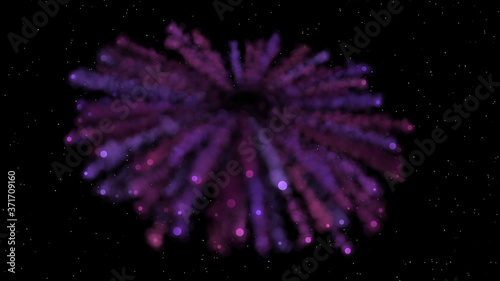 Purple Diwali Fireworks Explosions With Smoky And Shimmering Glitter Particles On Black Starry Sky Background