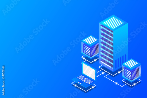 Mainframe, powered server, high technology concept, data center, cloud data storage isometric vector illustration ultraviolet background