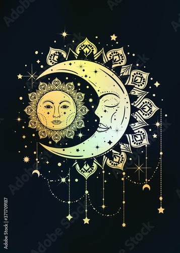 Vintage boho illustration of sun and moon. Dreamcatcher concept