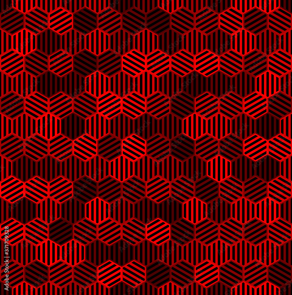 striped hexagon. vector seamless pattern. dark black and red repetitive background. textile fabric swatch. wrapping paper. continuous print. design element for phone case, home decor, apparel