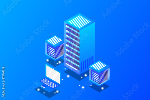 Mainframe  powered server  high technology concept  data center  cloud data storage isometric vector illustration ultraviolet background