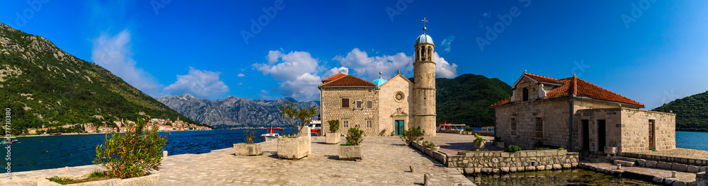 Panorama of Our Lady of the Rocks church on a man-made island in Kotor Bay, Montenegro
