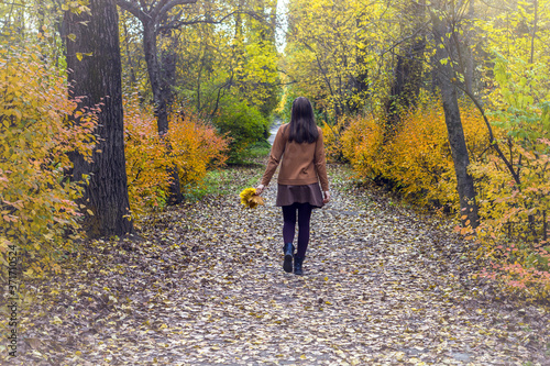 Autumn landscape, orange foliage in forest. Yong woman walking in park holding bright fall yellow maple leaves. Back view, faceless. Female watching woods outdoor
