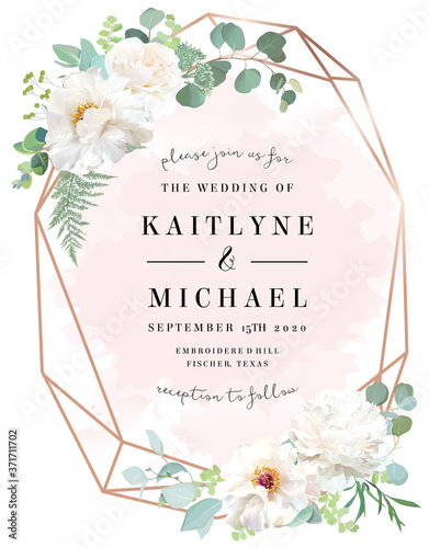 Elegant floral vector card with white and creamy woody peony, ivory rose flowers