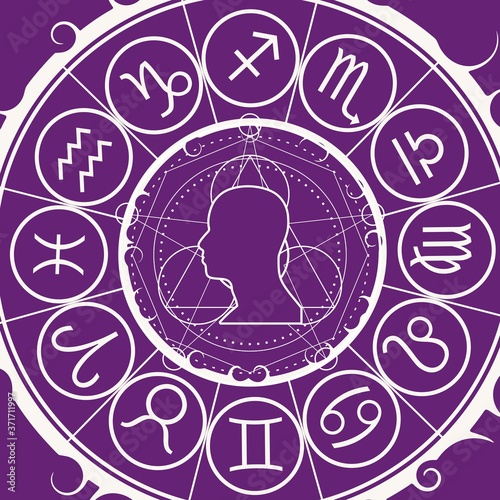 Mystical geometry symbol. Linear alchemy, occult, philosophical sign. Astrology and religion concept. Outline silhouette of human head. Zodiac circle