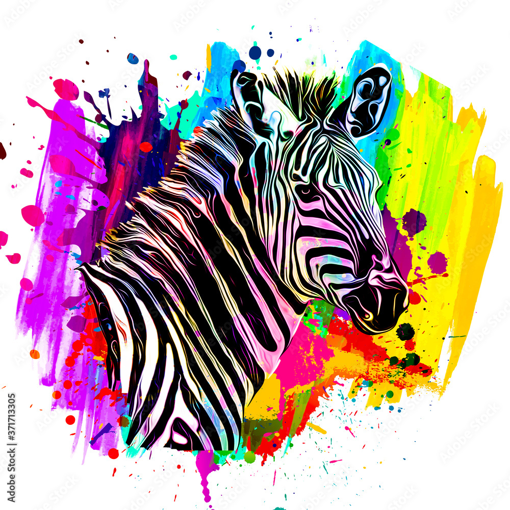 zebra with colorful stripes - obrazy, fototapety, plakaty 