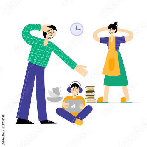 Father and mother scold a teenage boy, conflict with parents. A teenage boy ignores his parents. Quarrel between parents and teenager. 