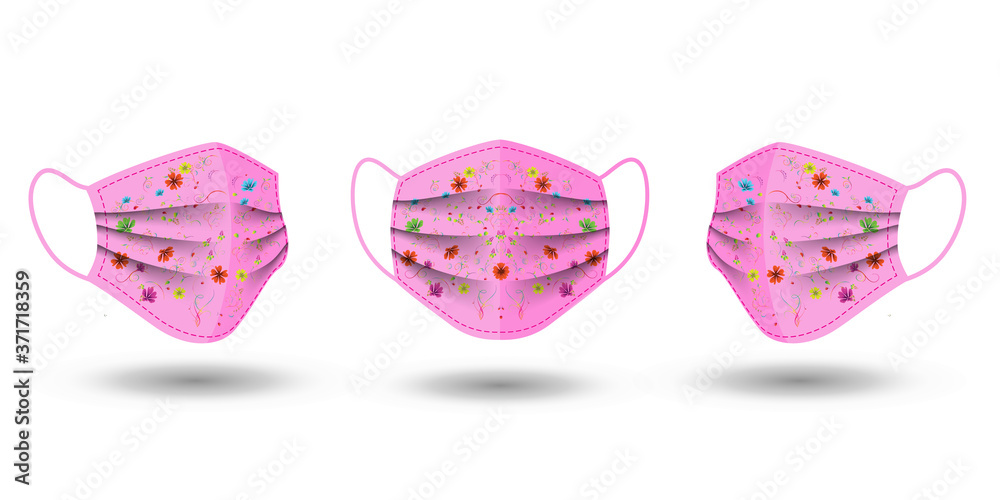 Vector illustration of surgical face mask. The pink medical protective mask  patterned with flowers