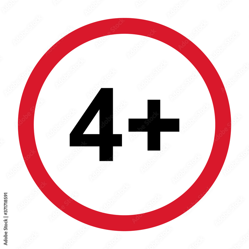 4+ restriction flat sign isolated on white background. Age limit symbol. No under four years warning illustration 4+ restriction flat sign isolated on white background. Age limit symbol. No under four years warning illustration
