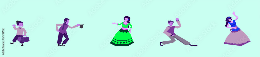 Gypsy boy and girls dance in lush beautiful skirts. Traditional gypsy dancer. Isolated vector illustration in flat style.