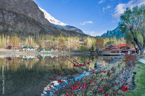 blossom or spring landscape  , beautiful  view of shangrila resrt , lower kachura lake skardu gilgit Baltistan Pakistan photo