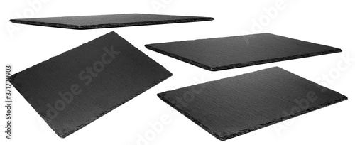 Slate plate isolated on white background. Kitchen stone tray for food. Set of empty black granite stone rectangle board.