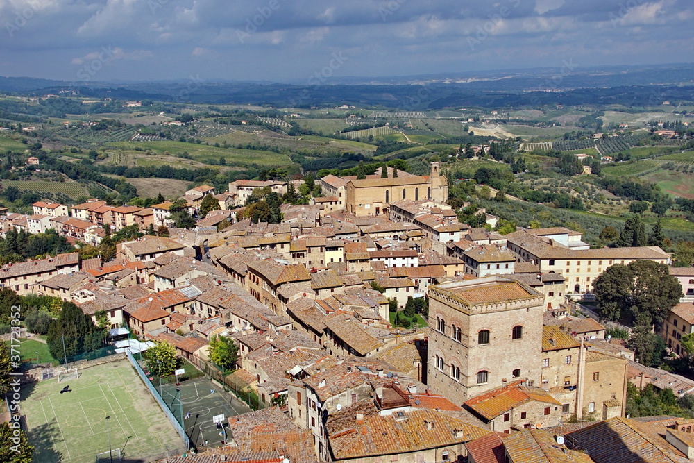 Via San Giovanni and the surrounding Tuscan countryside photographed from the Torre Grossa - San Gimignano, Tuscany, Italy