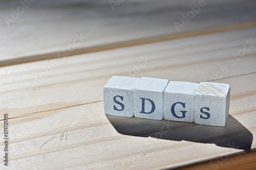 A wooden cube formed as "SDGs" on table in the forest.