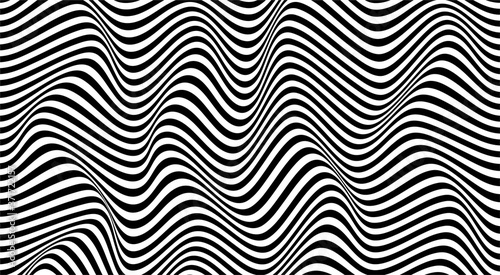 Black and white stripes. Psychedelic, hypnotic line abstract background. Vector pattern. Warped waves. Monochrome illustration. Banner, wallpaper, template, print, poster. Ocean, sea concept. Border