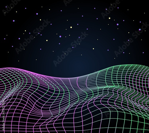 Abstract retro future landscape. Distorted neon light grid pattern. Retrowave, synthwave, vaporwave. Technology background. Yesterday’s tomorrow style. Black, purple, green colors. 