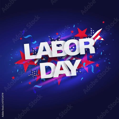 Happy Labor Day banner. USA festive design in national colors of american flag and stars pattern. Template for sale, discount, advertisement, web. 