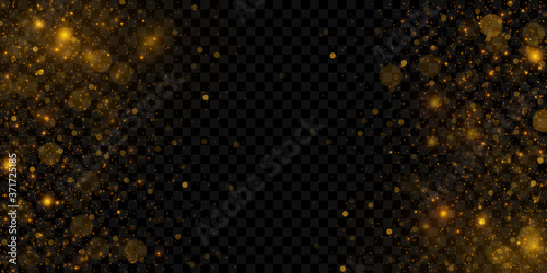 Sparkling golden particles, glowing bokeh lights isolated on dark transparent background	