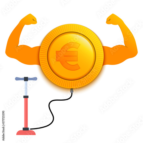 Strong euro currency showing big muscles. Inflating the coin by the pump on the stock market. Increase of the value of the digital gold. Vector cartoon illustration.