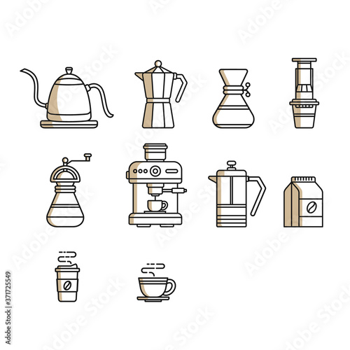 Coffee icon set. Manual brewing vector icon in outline style. Website and apps icon. 