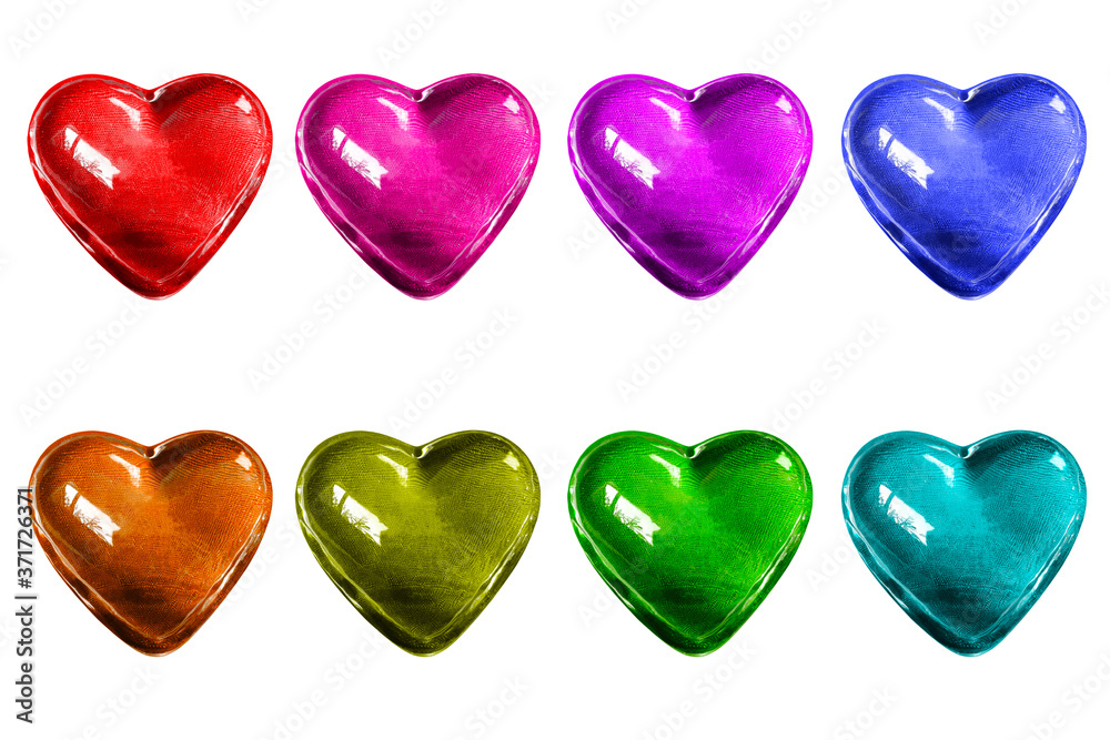 8 different color of glowing crystal candy hearts isolated on white background. There are red, pink, purple, blue, light blue, green, yellow and orange colors.