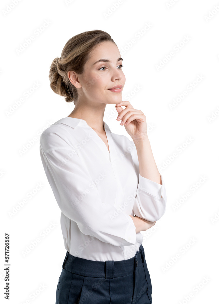 Smiling thoughtful young businesswoman, isolated Smiling thoughtful young businesswoman, isolated