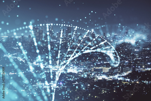 Double exposure of DNA drawing and cityscape background. Concept of education.