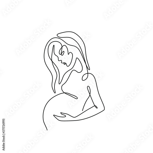 Pregnant woman abstract silhouette, pregnancy, continuous line drawing, print for clothes and logo design, emblem or logo design, isolated vector illustration.