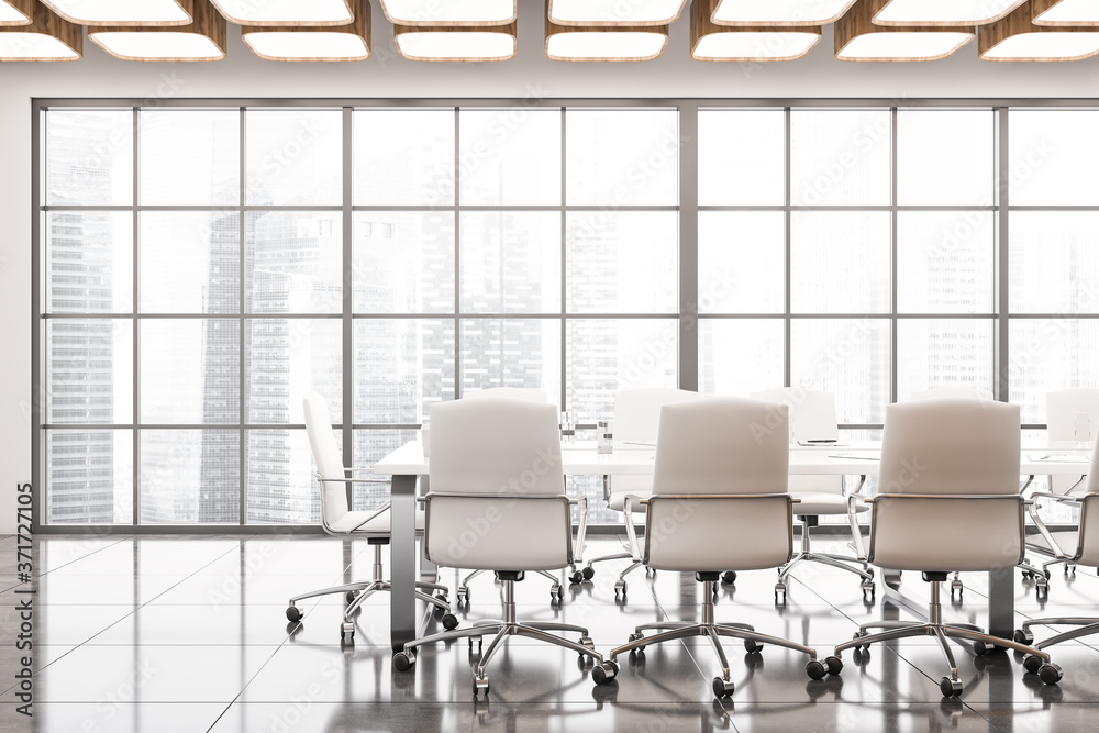 Panoramic meeting room with white chairs